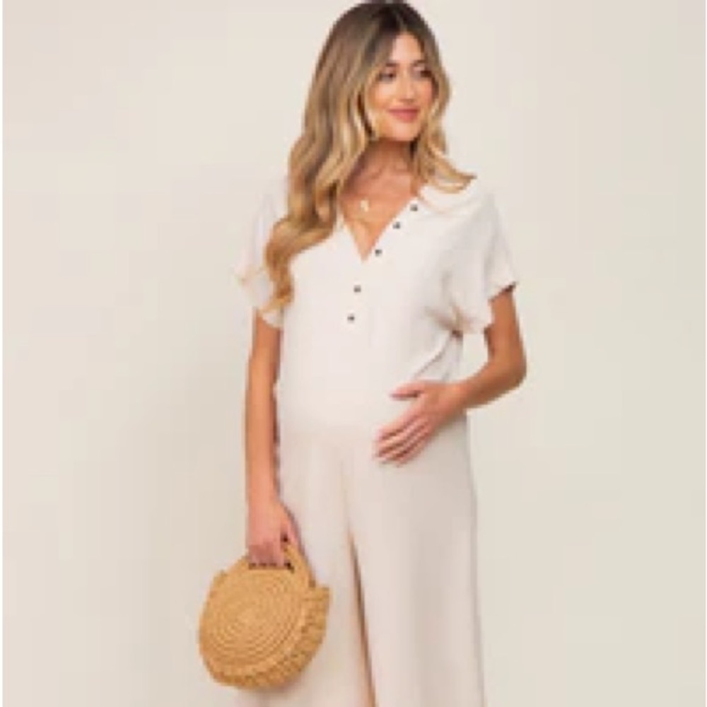 Pink blush Beige Front Button Accent Maternity Jumpsuit